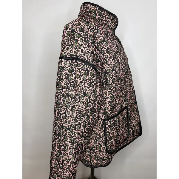 Floral Quilted Puffer Jacket Pink Green Black Open Front Pockets Large - Image 4