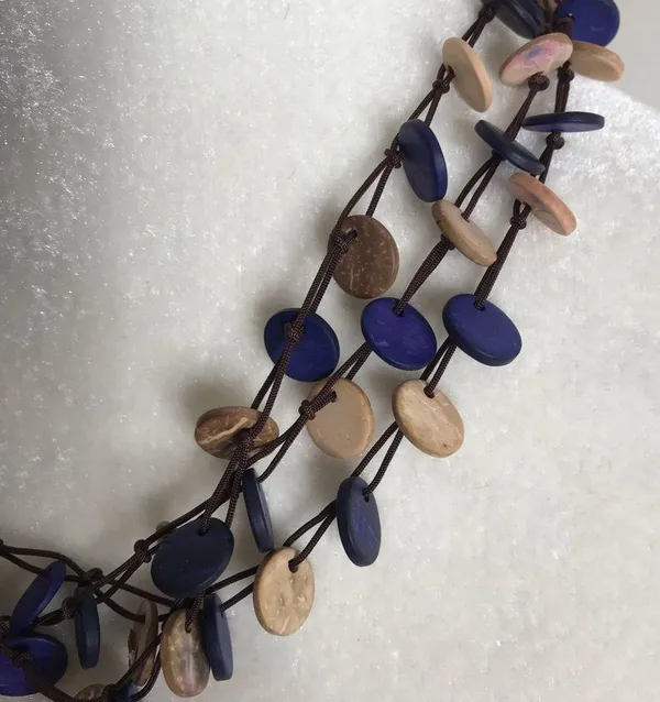 Triple strand earth tones flat wooden circle necklace rustic boho hippie - Image 2