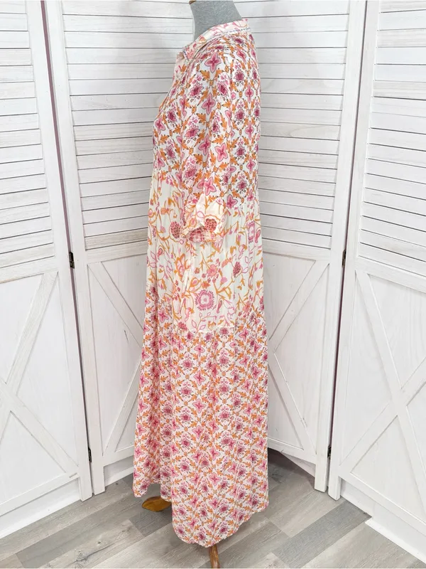 Dolma Kelly Floral Boho Tiered Midi Dress Pink Orange Large Cotton Mosaic - Image 3