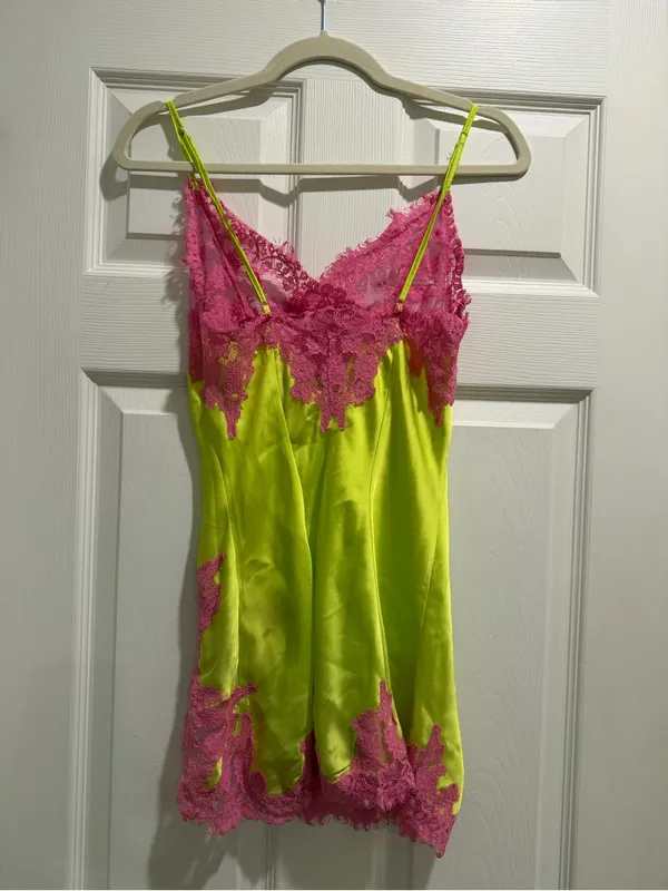 I.AM.GIA Neon Yellow & Hot Pink Lace Satin Chemise Slip dress - Image 4