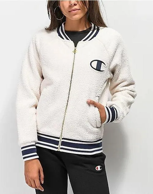 Cream Sherpa Bomber Varsity Jacket - Image 3