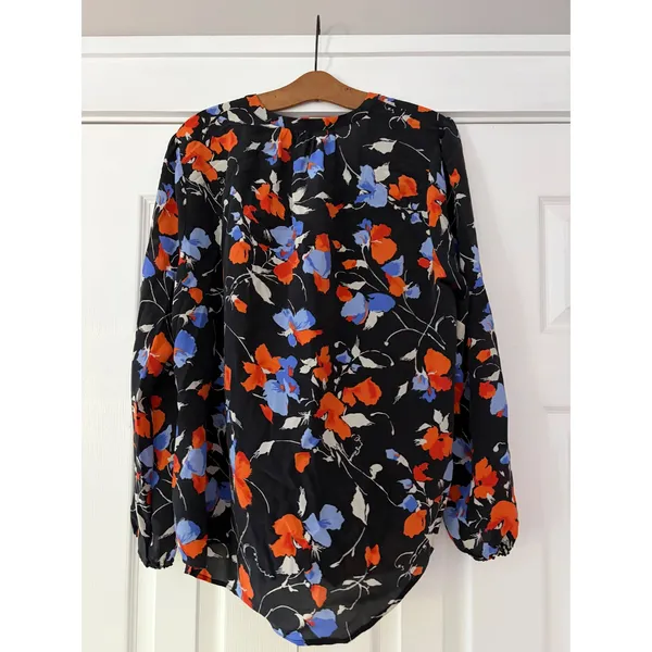 Joie Silk Floral Tassel Tie Blouse Black Orange Blue XL 7718T2858B - Image 2