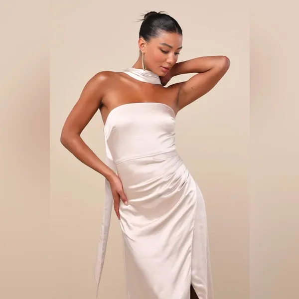 Lulu's Maritza Champagne Satin Sash Tulip Maxi Dress - Image 3