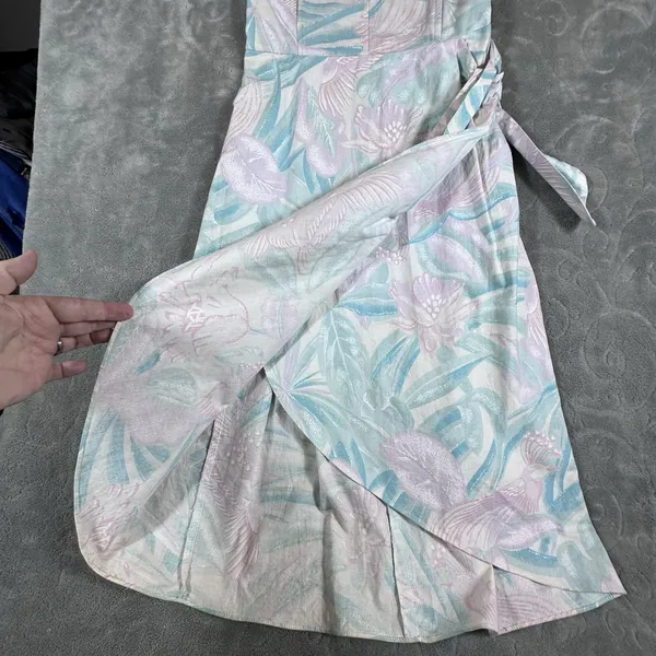 VTG 80s Pastel Strapless Mini Dress 13 Tropical Bird Print Summer Retro Side Tie - Image 7