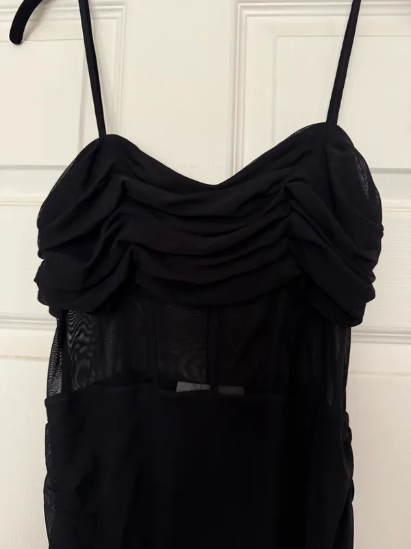 Women's Black Ruched Mesh Mini Dress - Elegant Evening Spaghetti Strap - Image 4