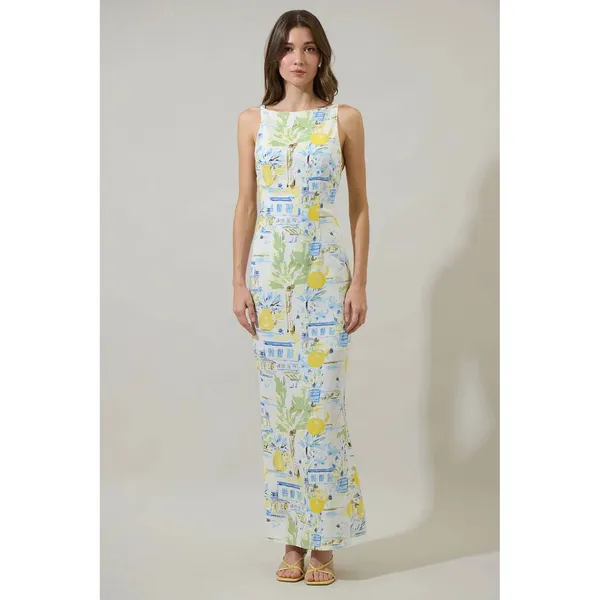 Sugarlips Maxi Dress Womens White Yellow Lemon Print XL - Image 2