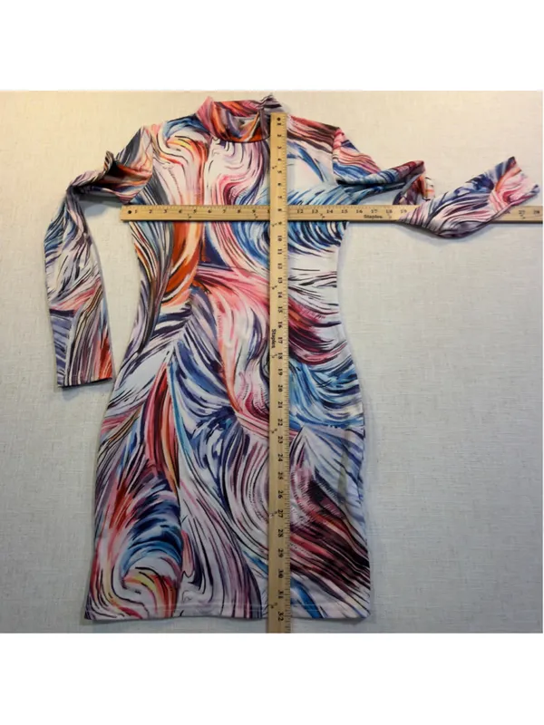 Women’s M Abstract Swirl Print Mock Neck Long Sleeve Mini Dress - Image 2