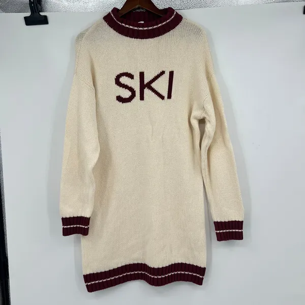 Anthropologie Callahan bodie mini dress SKI cream & burgundy chunky knit medium - Image 2