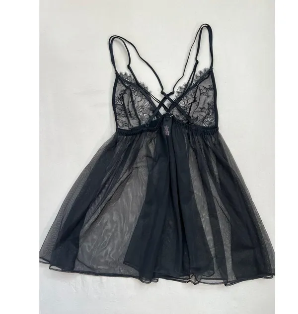 VICTORIA'S SECRET Womens Small Black Babydoll Sheer Lace Criss-Cross Straps - Image 2