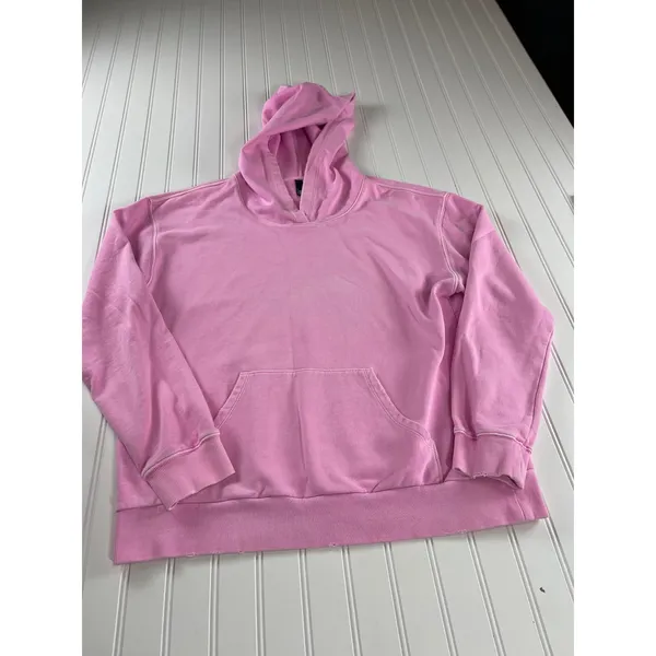 Kut from the Kloth Aliena Hoodie Neon Pink Distressed Cotton Pullover Large - Image 2