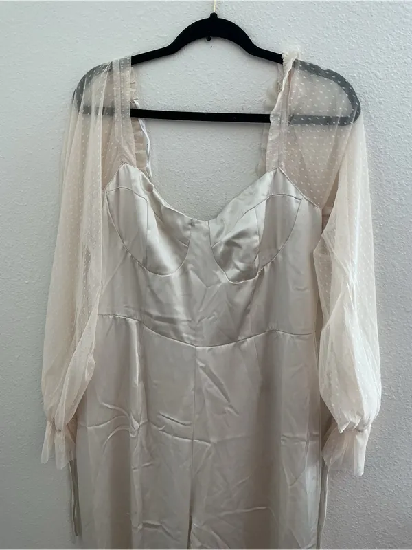 Lulu's Cream Satin Jumpsuit with Sheer Puff Sleeves - Image 4