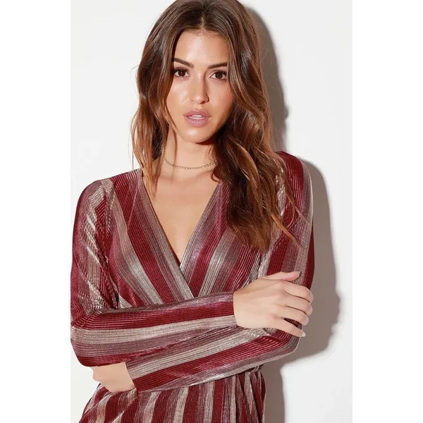 Lulu’s nwt V.I.P. Party Gold and Burgundy Striped Pleated Long Sleeve Dress size - Image 4