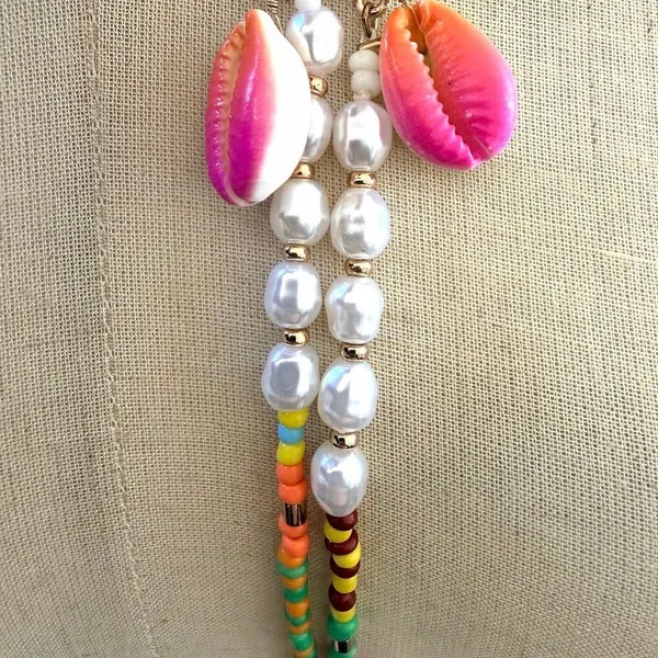 Colorful Beaded Eyeglass Holder Necklace with Cowrie Shells & Faux Pearls - Image 4