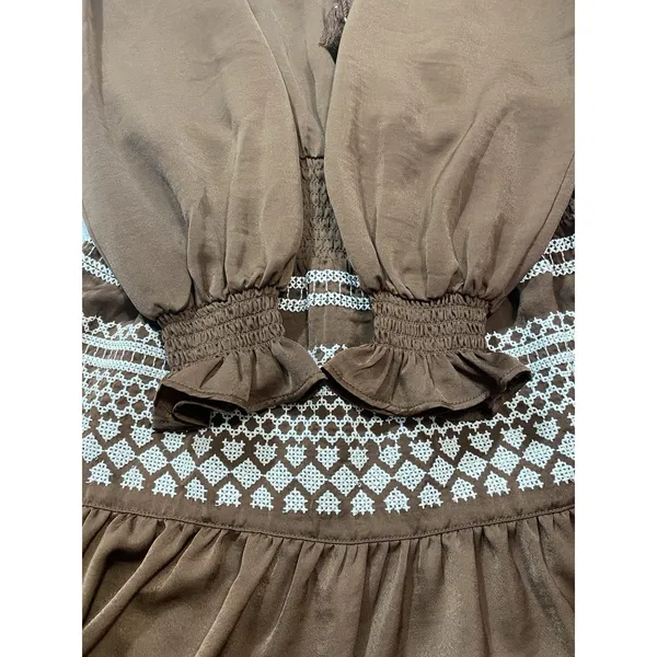 Shyanne Brown Western Embroidered Smocked Mini Dress Long Sleeve Tassels Size M - Image 14