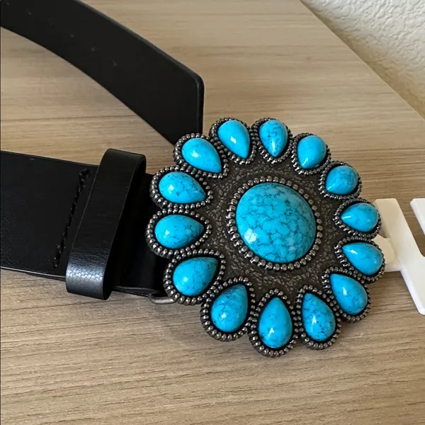 True Religion Black Belt with Turquoise Metal Buckle - Image 6