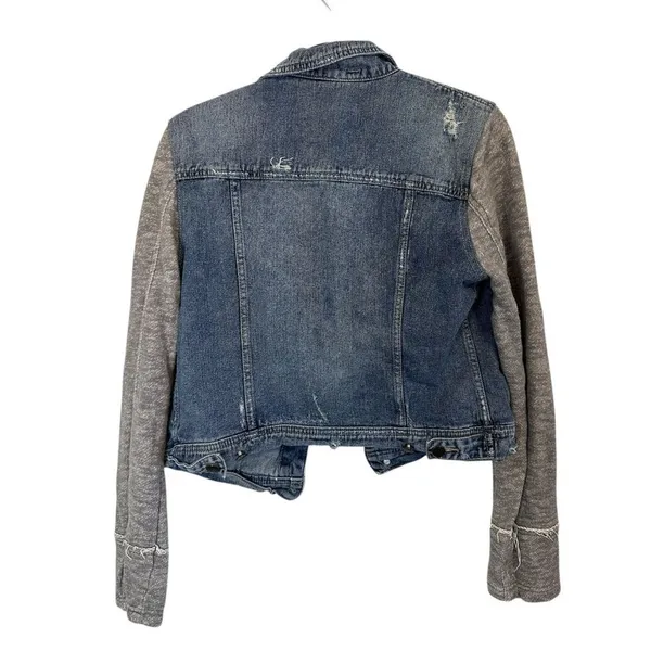 Free People Distressed Denim Jacket Mixed Fabric Knit Sleeve Moto Trucker Size M - Image 3