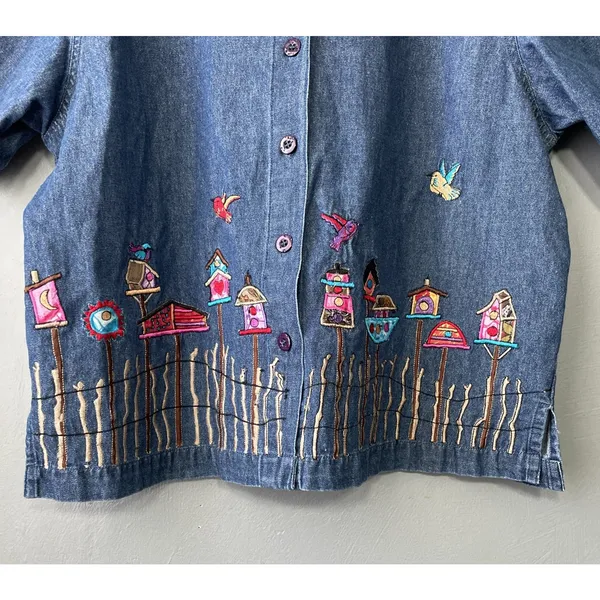 Sarah Studio Denim Button Up Shirt Size XL Embroidered Blue Birdhouse Garden - Image 3