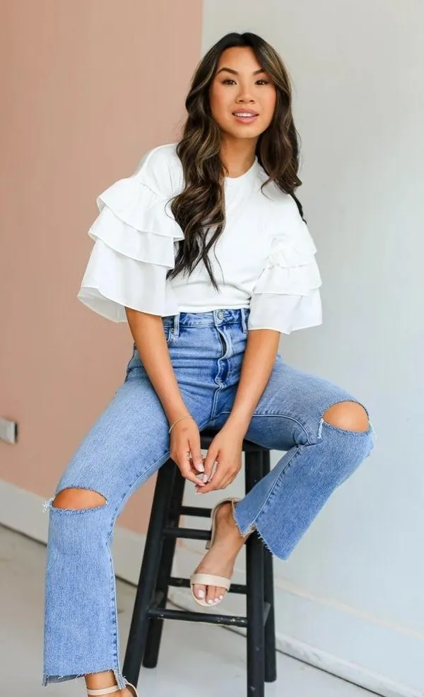 LOYO Boutique Ruffle sleeve white T-shirt - Image 4
