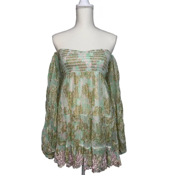 HEMANT AND NANDITA Sidra Mini Dress in Sea Green X-Small New Womens Metallic - Image 5