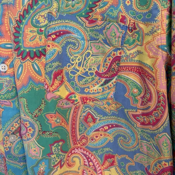 Lauren Ralph Lauren Women's Paisley Button Shirt Blouse Teal Pink Yellow Medium - Image 3