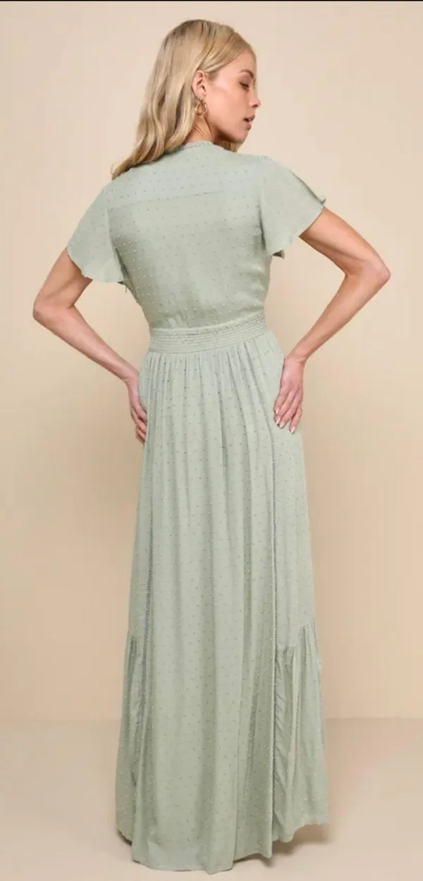Lulus Completely In Love Sage Green Swiss Dot Button-Front Maxi Dress - Image 4