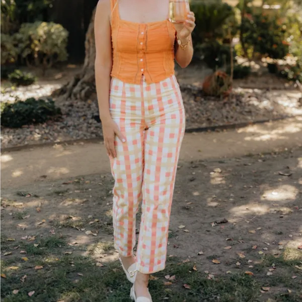 Free People She's All That Printed Checker Pants Orange‎ Yellow White 4 High Rise - Image 3