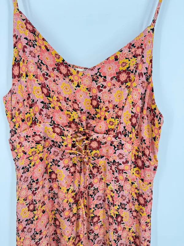 Rewind Women's Pink Multi Floral Sundress Small Midi Spaghetti Strap Slit Front - Image 2