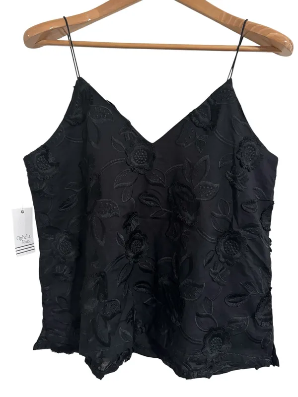 Ophelia Roe Black Floral Embroidery Appliqué Spaghetti Strap Tank Top/Camisole M - Image 2