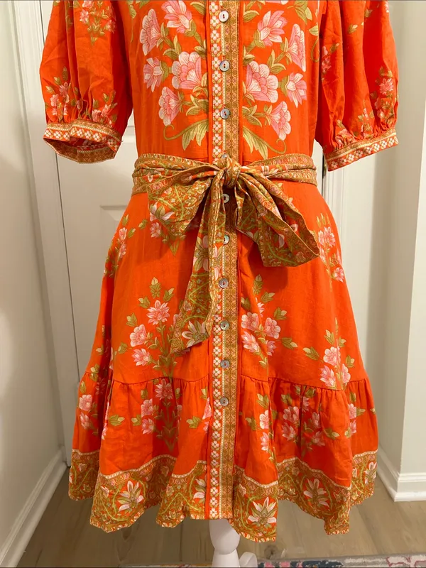 A Loves A Floral Puff-Sleeve Orange Belted Linen Mini Dress New Size Small - Image 9