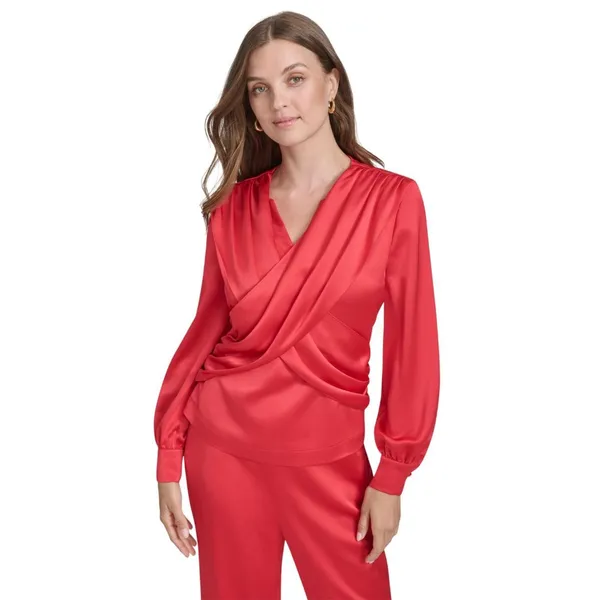 Halston Womens Satin Surplice-Draped Cross Over Neck Blouse Top Bright Red L - Image 7