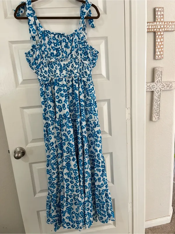 Pink Lily Blue White Floral Tie-Shoulder Maxi Dress New Sz L - Image 6