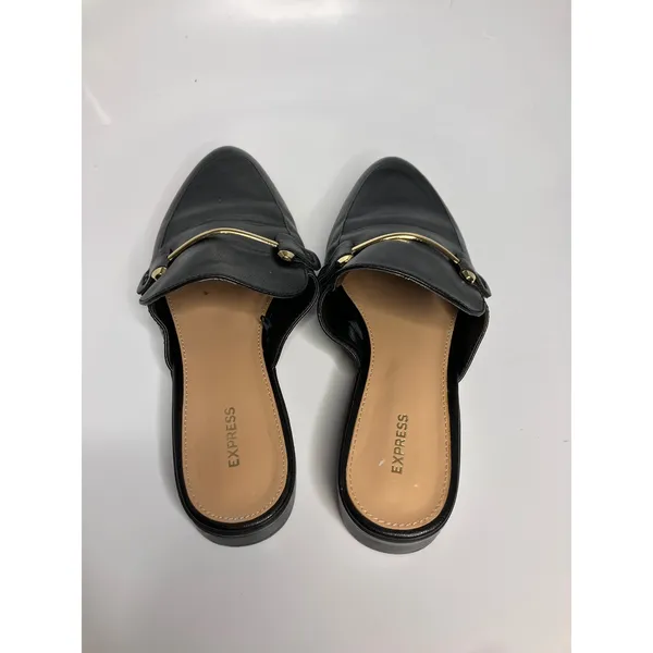 Express Mules Women 7.5 Black Excellent Gold Bar Slip On Pointed Toe Loafers - Image 4