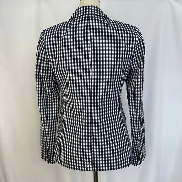J.Crew Gingham Check Blazer Blue White Tuxedo Lapel‎ Professional Womens Size 2 - Image 2