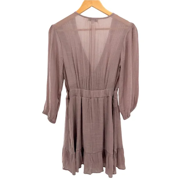 Baltic Born Amelia Boho Mini Dress S Mauve Taupe Lace Trim Tie Front Flowy - Image 7