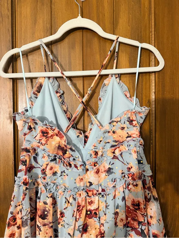 Altar'd State Floral Ruffle Tiered Sundress in Light Blue and Coral - Image 6