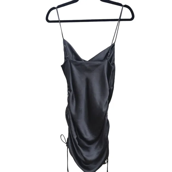 Zara -1224 Black Satin Cowl Neck‎ Ruched Side Tie Sleeveless Mini Dress Small - Image 3