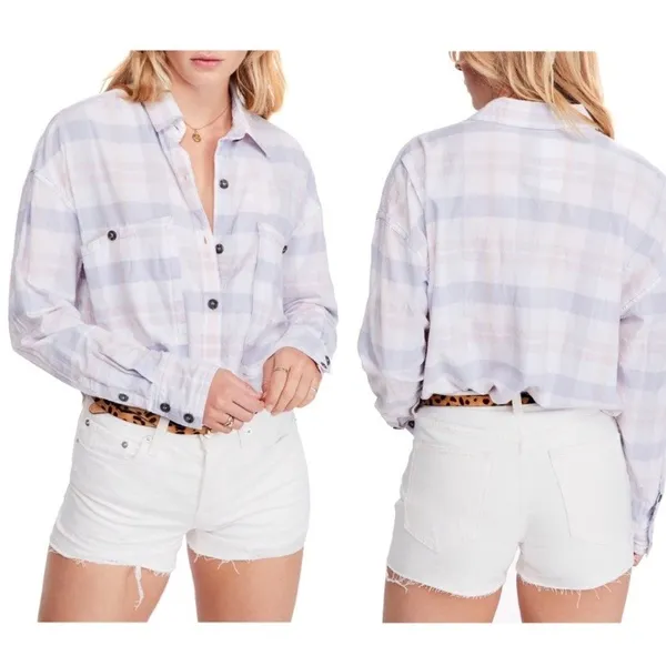 Free People Pink Blue Loveland Plaid Raw Hem Oversized Button Down Shirt XS - Image 4
