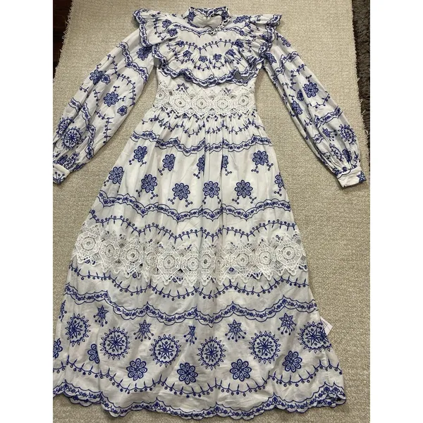 ASOS EDITION White Blue Embroidered Maxi Dress Lace Long Sleeve US 2 . - Image 15