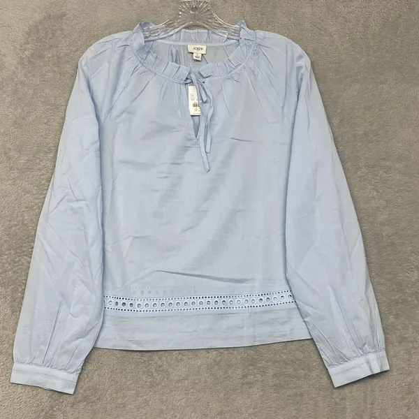 J Crew Shirt Womens Small Long Sleeve Tie Neck Top Gentle Sea Blue Cotton CT018 - Image 2