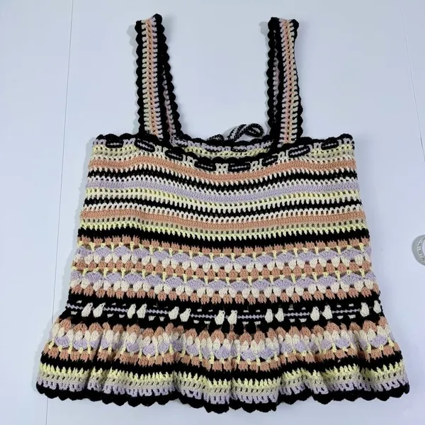 Ulla Johnson Zita Tank Honey Crochet Peplum Top Cotton Striped Multi Size P - Image 3