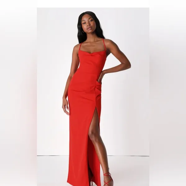 NWT M Lulu's Romantic Thought Red Cowl Neck Lace Up Maxi‎ Dress - Image 3