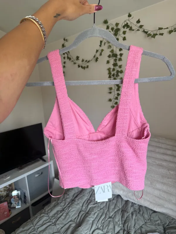 ZARA Pink Corset Top Small Tweed Bralette Crop - Image 2