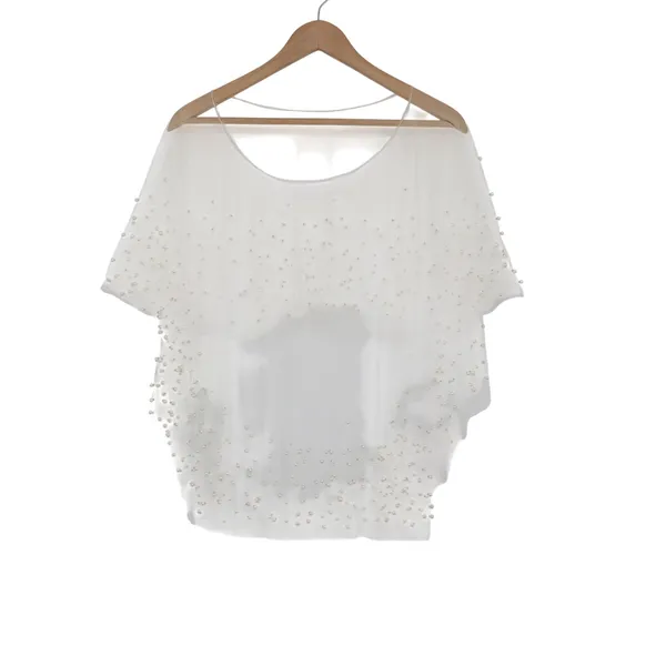 White Sheer Mesh Pearl Embellished Poncho Top Elegant Bridal Layering O/S - Image 3