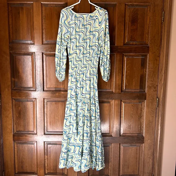 Skemo Blue‎ Yellow Long Dress Beaded Ruffle Hem Small Maxi Tiered Boho Abstract - Image 7