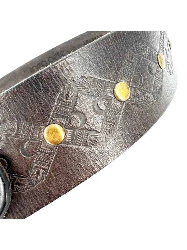 Linea Pelle Brown Leather Belt Solid Brass Buckle Studded Embossed Size Small - Image 3