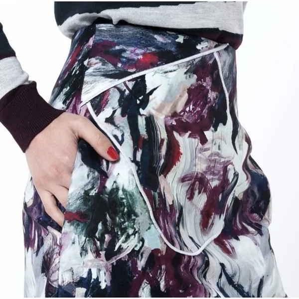 CARVEN Skirt 36 US 4 Abstract Brushstroke Art Print Mini Silk Blend Pocket‎ Wrap - Image 3