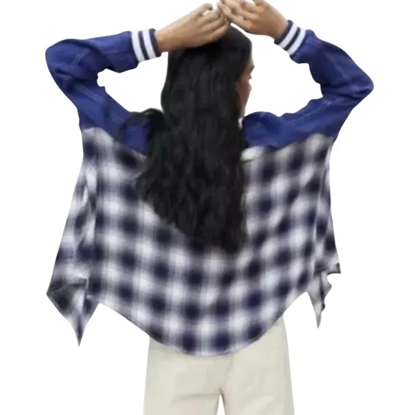 UO BDG Women’s Keanu Blue Plaid Varsity Mixed Media Button Up Flannel - Image 2