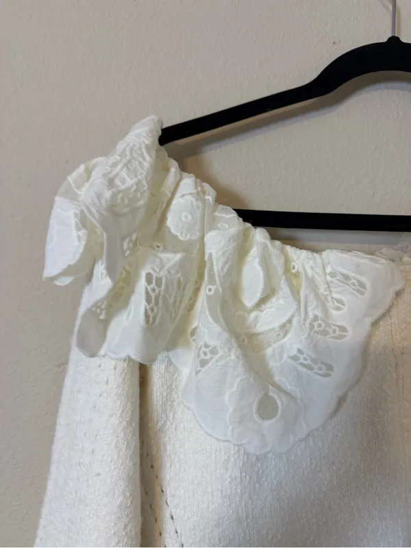 Maeve‎ Anthropologie Lace Collar Off Shoulder Cardigan Sweater Ivory Size Medium - Image 5