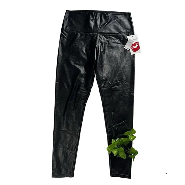 Hot Kiss Women's Black Faux Leather Pants Size L Mid Rise Skinny Pull On Stretch Leggings - Image 2