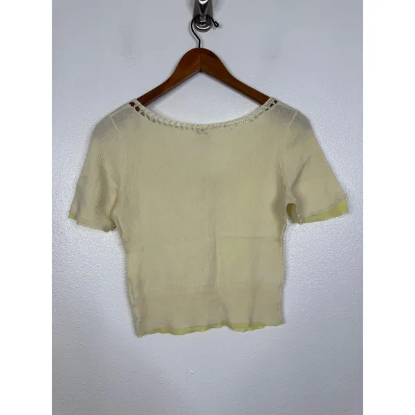 Free People Womens Pale Yellow Crochet Trim Short Sleeve Button Front Cardigan S - Image 2